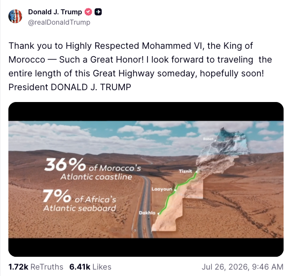 President Donald Trump on Sunday indicated Morocco was naming a 655-mile highway after him, thanking the African nation’s king and calling it “such an honor” in a post on Truth Social accompanied by an announcement video for the new roadway—although few other details about the naming are known at this time.